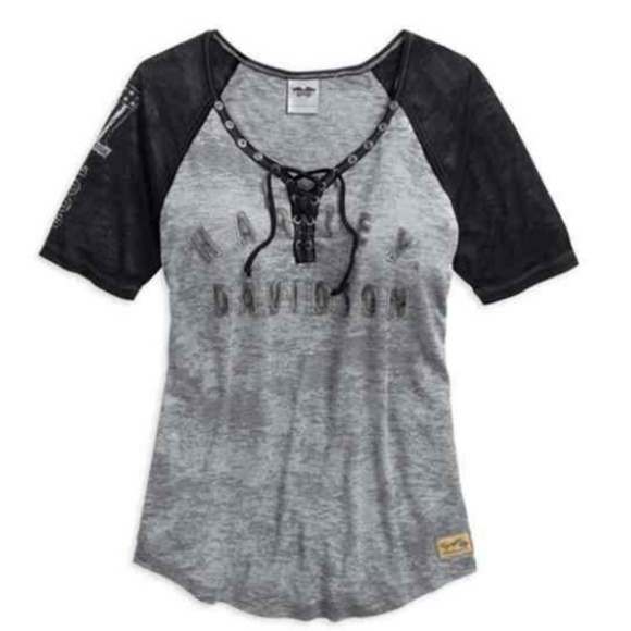 Harley-Davidson Tops - Harley Davidson Raglan Burnout Laced Front Shirt